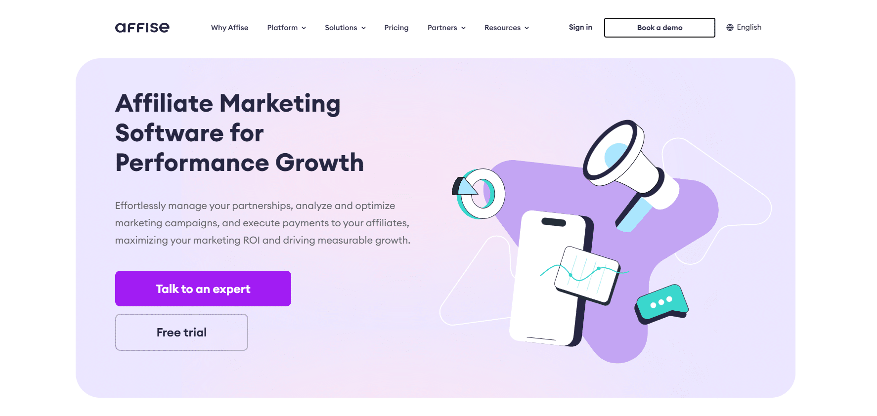 A website landing page for a performance marketing platform featuring a headline, description, call-to-action buttons, and an illustration of a phone, megaphone, and data charts.