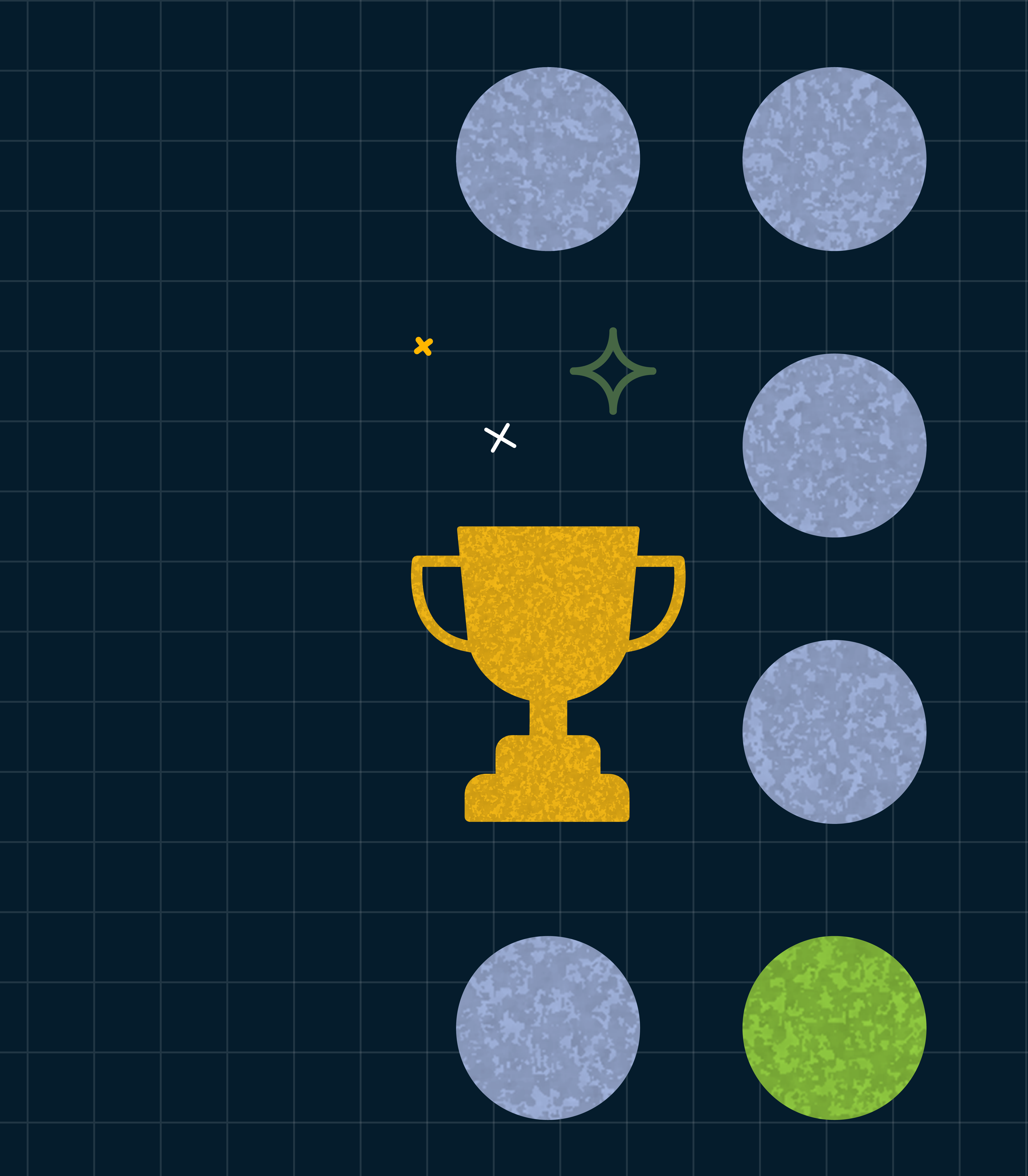 A golden trophy is centered on a dark grid background with four textured gray circles to the right and one green circle at the bottom. Small decorative elements are scattered around.