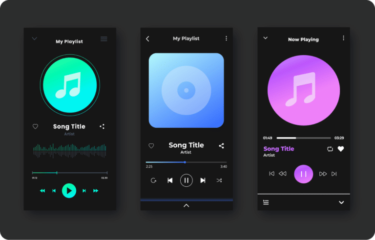 Three mobile screens displaying music player interfaces, each with a title, artist name, and playback controls against a dark background.