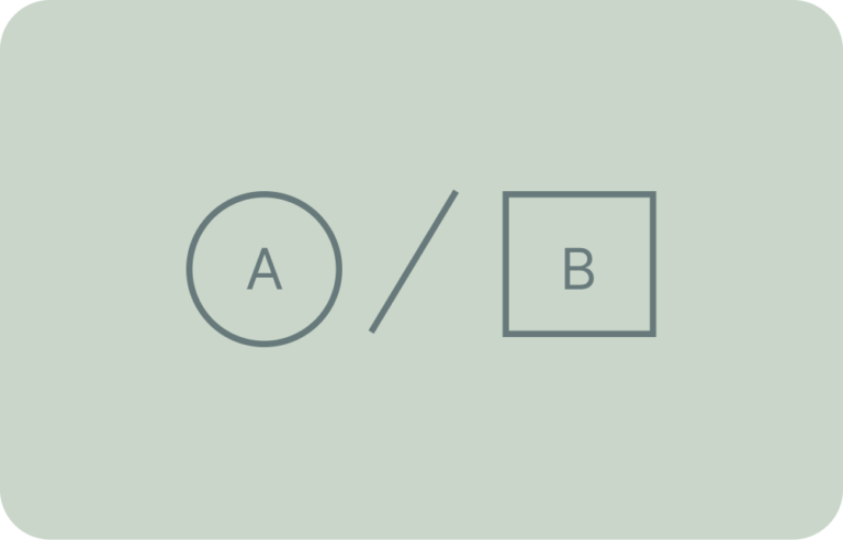 Illustration showing a circle labeled "A" on the left, a forward slash in the center, and a square labeled "B" on the right, all on a light green background.