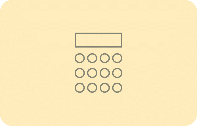 Icon of a calculator with a rectangular display and a grid of circular buttons on a beige background.