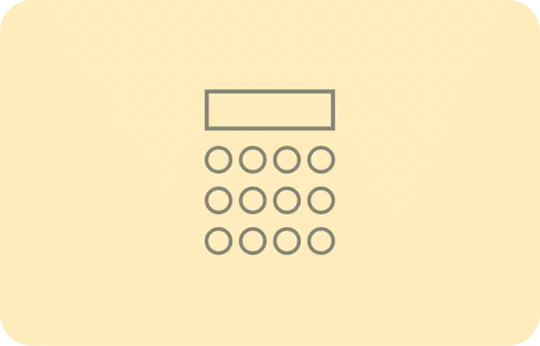 Icon of a calculator with a rectangular display and a grid of circular buttons on a beige background.
