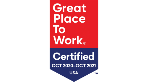 Badge reads "Great Place to Work Certified OCT 2020-OCT 2021 USA" with a red upper section and a blue lower section.