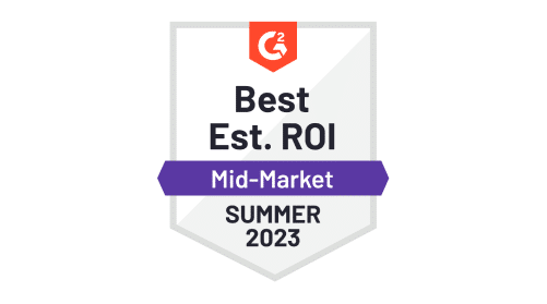 G2 Best Estimated ROI Mid-Market Summer 2023 badge featuring a shield with text and a purple banner.