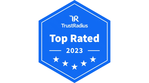 Blue hexagonal badge with "TrustRadius Top Rated 2023" text and five stars at the bottom.