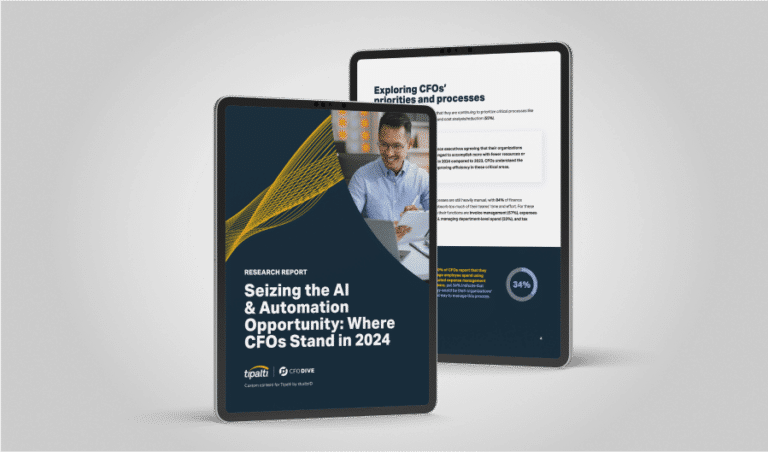 Two tablets illuminate a research report titled "Seizing the AI & Automation Opportunity: Where CFOs Stand in 2024" by Tipalti and Censuswide. One screen reveals the cover, while the other displays an inside page, shedding light on the future of finance.