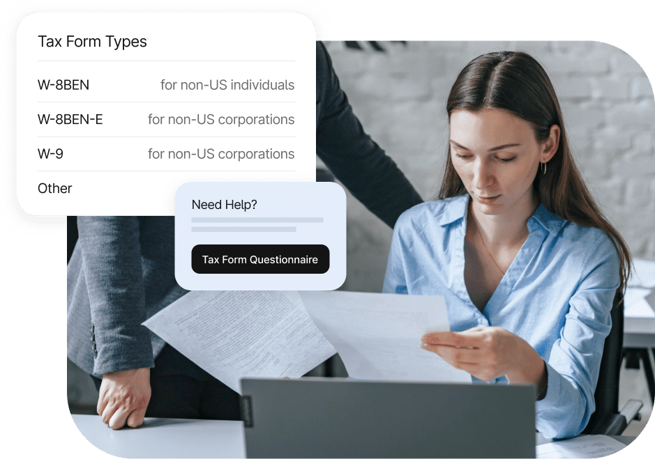 A person reviews documents at a desk with a laptop. A sidebar lists tax form types and another popup suggests a "Tax Form Questionnaire" for further assistance.