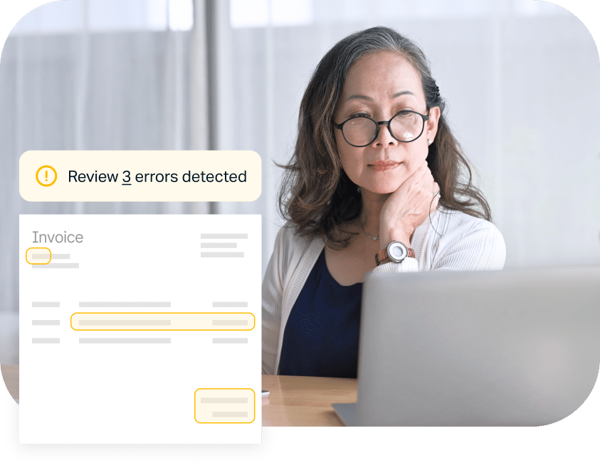 A woman with glasses looks at a laptop screen. A notification in the foreground reads "Review 3 errors detected" next to an invoice.