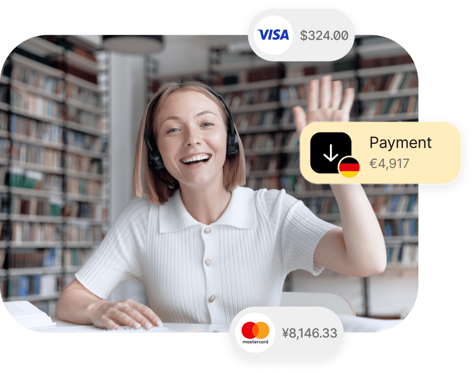 A woman wearing headphones sits at a desk and waves. Overlaying icons show various currency amounts: 4.00 (VISA), €4,917 (payment received), and ¥8,146.33 (Mastercard). Bookshelves are in the background.