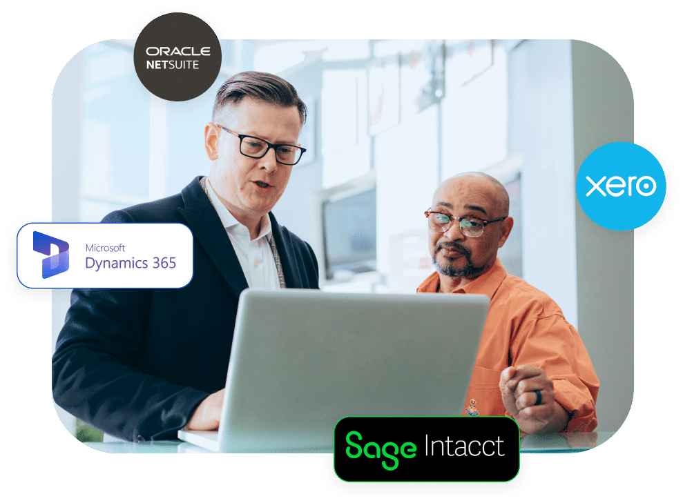 Two men working together on a laptop, surrounded by logos of Oracle NetSuite, Microsoft Dynamics 365, Sage Intacct, and Xero.