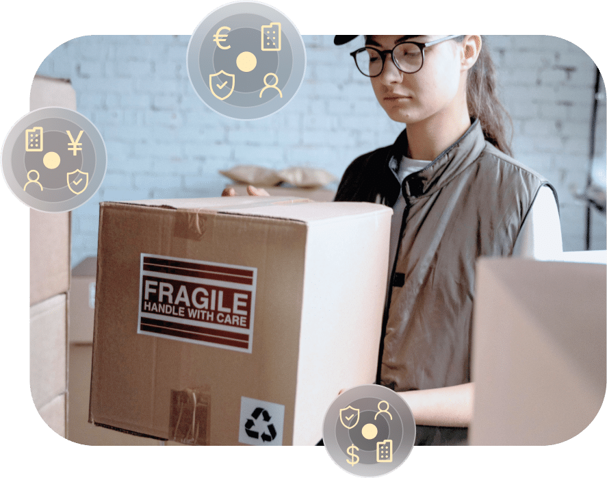 A person wearing glasses and a vest is handling a box labeled "FRAGILE HANDLE WITH CARE." Various icons indicating financial and security concepts surround the image.