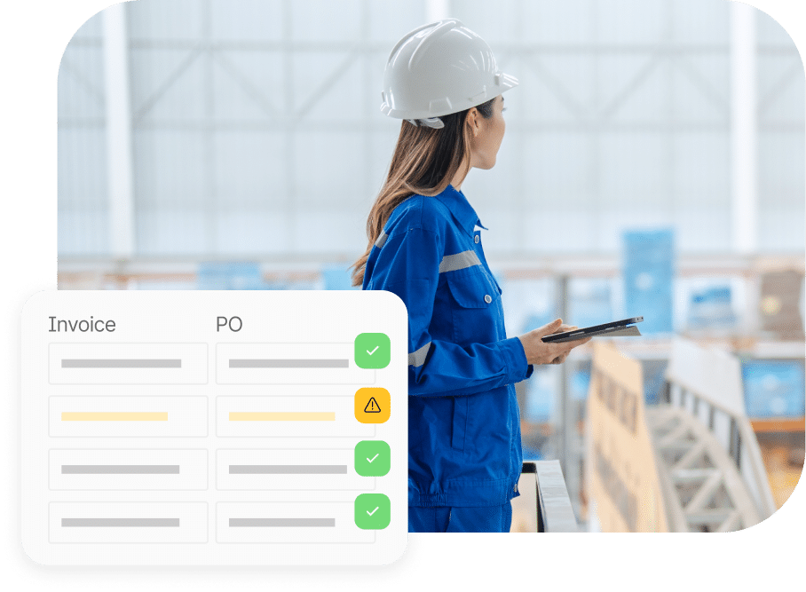 A person in a blue uniform and white helmet holds a tablet in a warehouse. An overlay shows an invoice and PO checklists with status indicators.