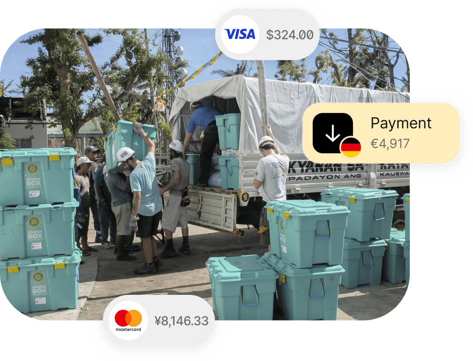 A group of people unloads teal-colored bins from a truck. Overlaid are transaction icons showing payments: Visa $324.00, Mastercard ¥8,146.33, and other €4,917.