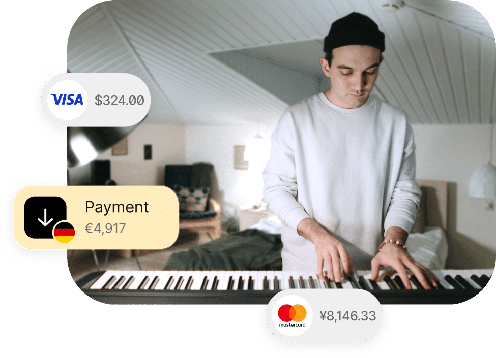 A person is playing a keyboard in a room next to three payment notifications: $324.00 via Visa, €4,917 via Mastercard, and ¥8,146.33 via another Mastercard.