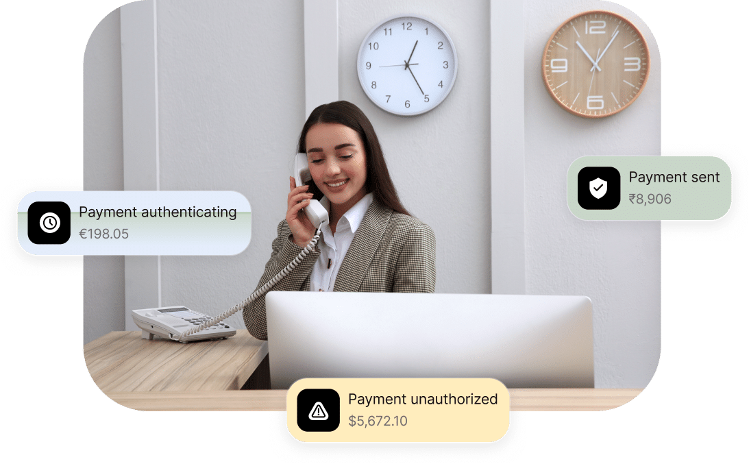 A woman in an office setting talks on a landline phone, with notifications about payment statuses displayed around her.