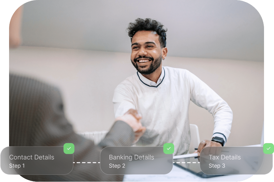 Two people are shaking hands. A workflow diagram at the bottom of the image indicates steps for contact details, banking details, and tax details. All steps are marked with green check marks.