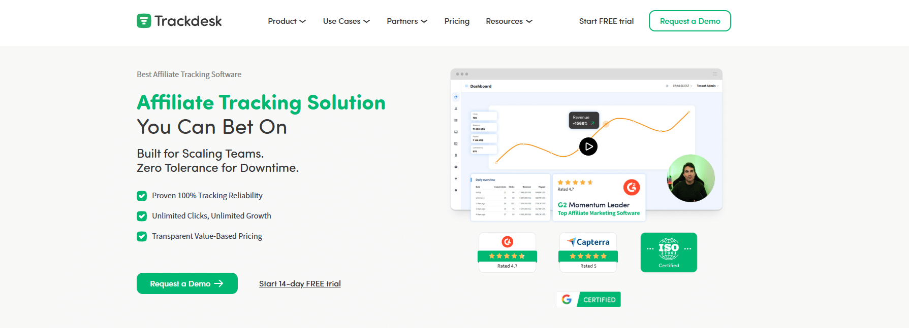 Screenshot of the Trackdesk homepage featuring its performance marketing platform with affiliate tracking software, feature highlights, customer reviews, certification badges, and buttons for requesting a demo or starting a free trial.