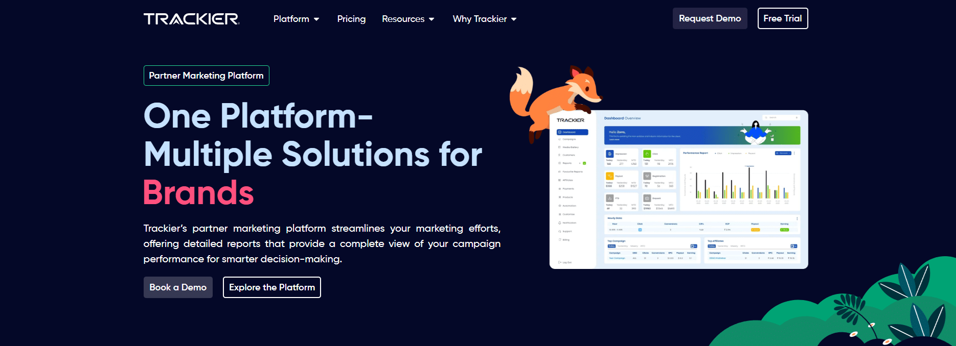 Trackier homepage featuring a tagline about marketing solutions, a dashboard screenshot from its performance marketing platform, a fox mascot, and navigation buttons for booking a demo or exploring the platform.