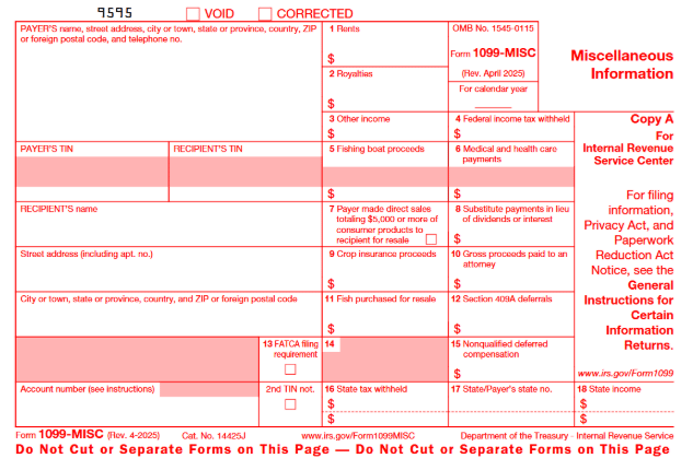 A screenshot of IRS form 1099 MISC- Rev. April 2025