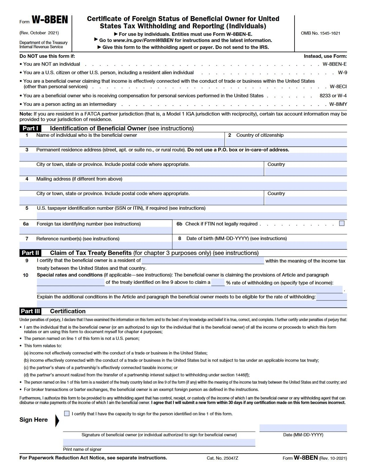 Screenshot of W-8-BEN Form October 2021