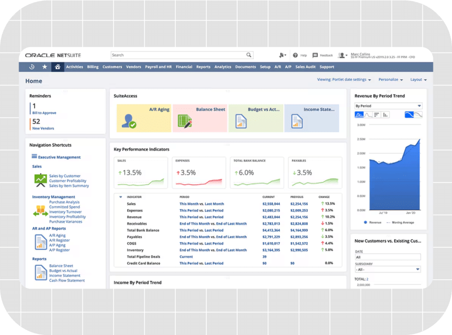 Dashboard displaying financial KPIs with charts and graphs, including revenue trends, A/R aging, balance sheet, and income statement summary, on a gridded background.