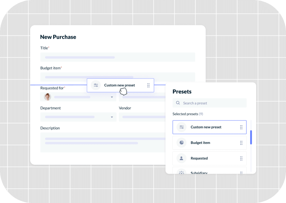 The user interface displays a "New Purchase" form tailored for intake management, featuring fields like "Title" and "Department." A pop-up menu of presets includes a cursor-selected "Custom new preset," streamlining the management process.