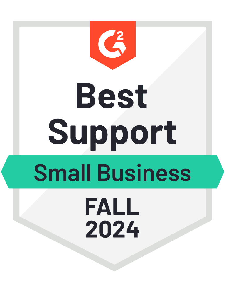 A badge from G2 marking "Best Support Small Business Fall 2024.