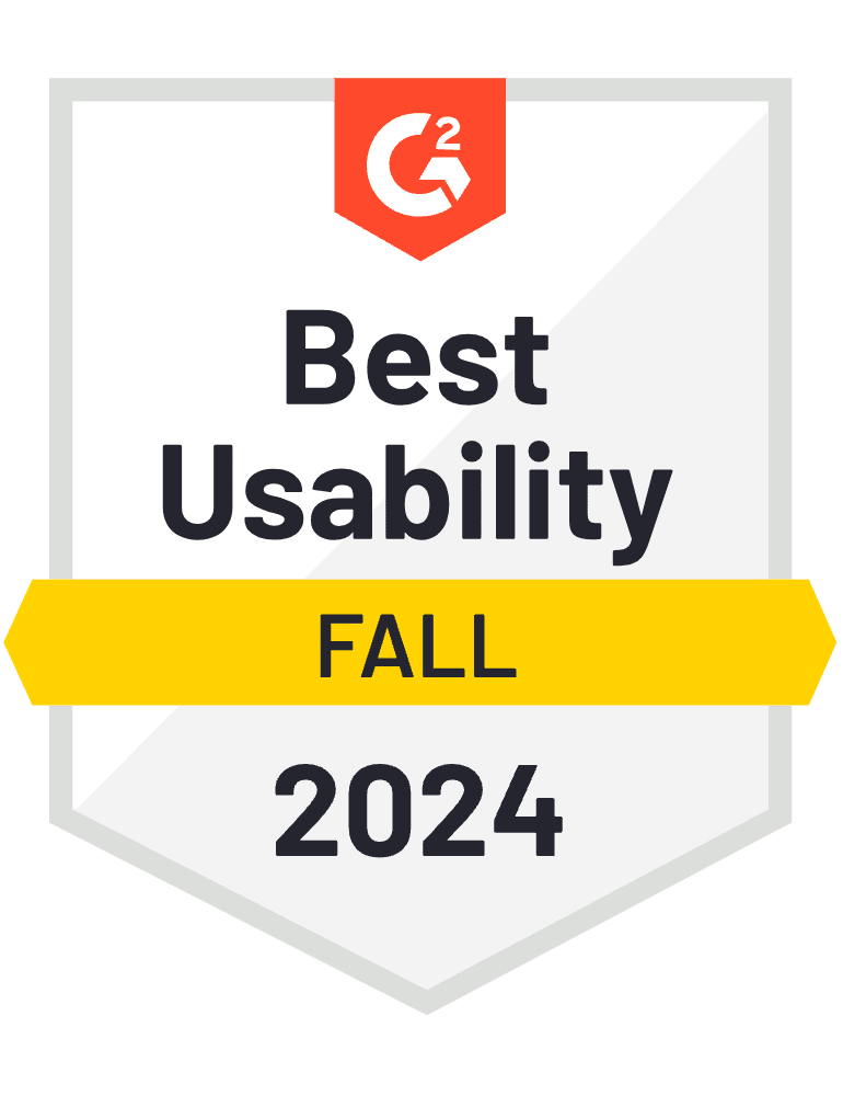 G2 Best Usability Fall 2024 badge with a shield design and a yellow banner.