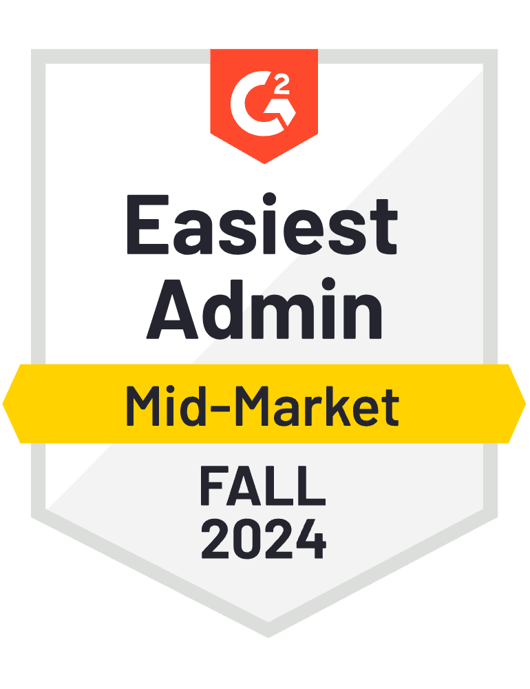 G2 award badge for "Easiest Admin Mid-Market" for Fall 2024.