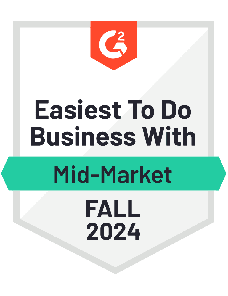 Badge with G2 logo, labeled "Easiest To Do Business With Mid-Market, Fall 2024.