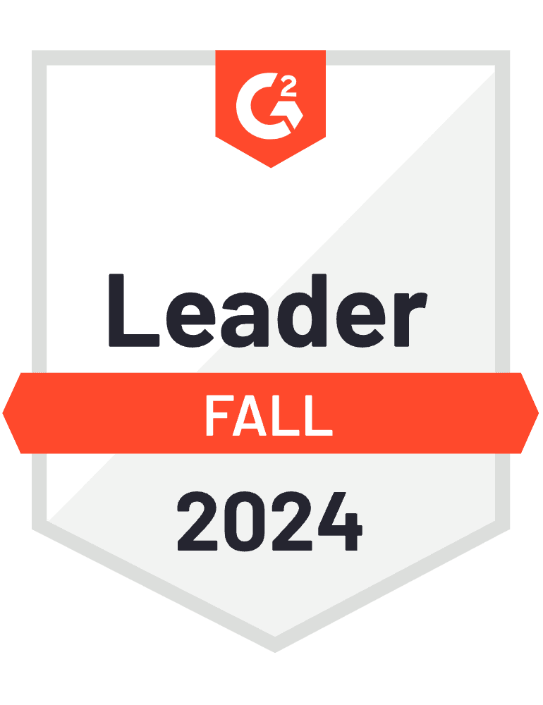 G2 Leader Fall 2024 badge with a white background, red banner, and black text.