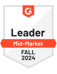 Badge displaying "Leader Mid-Market Fall 2024" with the G2 logo at the top.