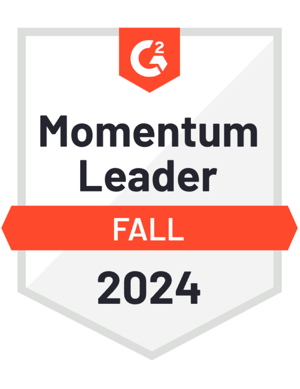 Badge displaying "Momentum Leader Fall 2024" with a G2 logo at the top.