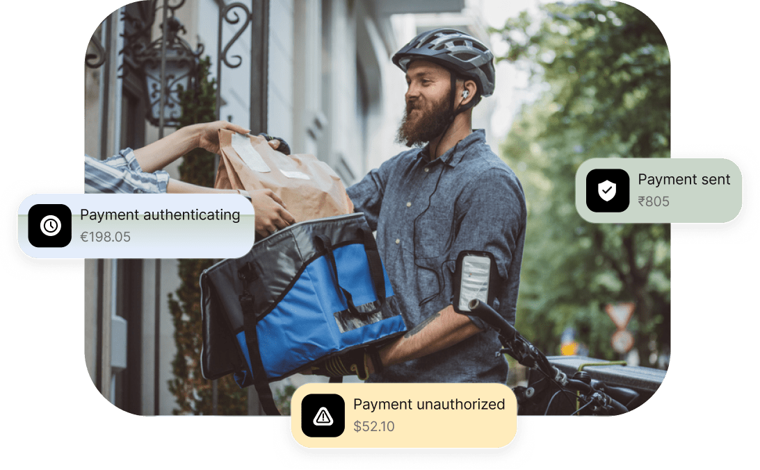 A cyclist, acting as a freelancer, delivers groceries and accepts payment from a customer. Notifications on the payment platform reveal statuses: authenticating €198.05, unauthorized $5,672.10, and sent ₹8,906.