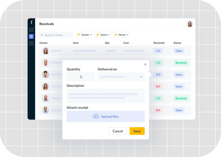 The digital interface features a receivals dashboard with tables for owner, item, quantity, cost, and status. A pop-up window for editing details enhances the main display, seamlessly integrating po management tasks.