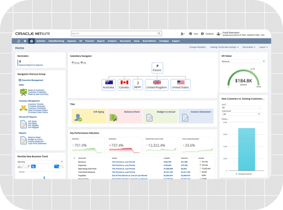 Oracle NetSuite dashboard displaying financial performance metrics, key performance indicators, and navigation options for subsidiaries in various countries.