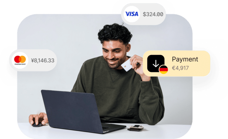 A person sitting at a table, holding a credit card and using a laptop. Payment amounts in different currencies are shown around him: ¥8,146.33, €4,917, and 4.00.