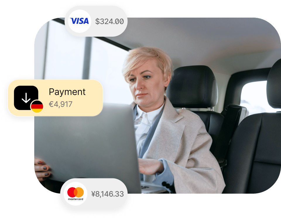 A person in a car works on a laptop. Overlaid text shows payment amounts: €4,917, 4.00, and ¥8,146.33, with Visa and Mastercard icons.