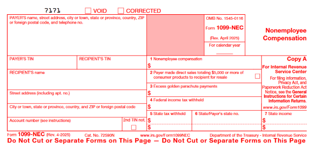 A screenshot of IRS form 1099 NEC - Rev. April 2025