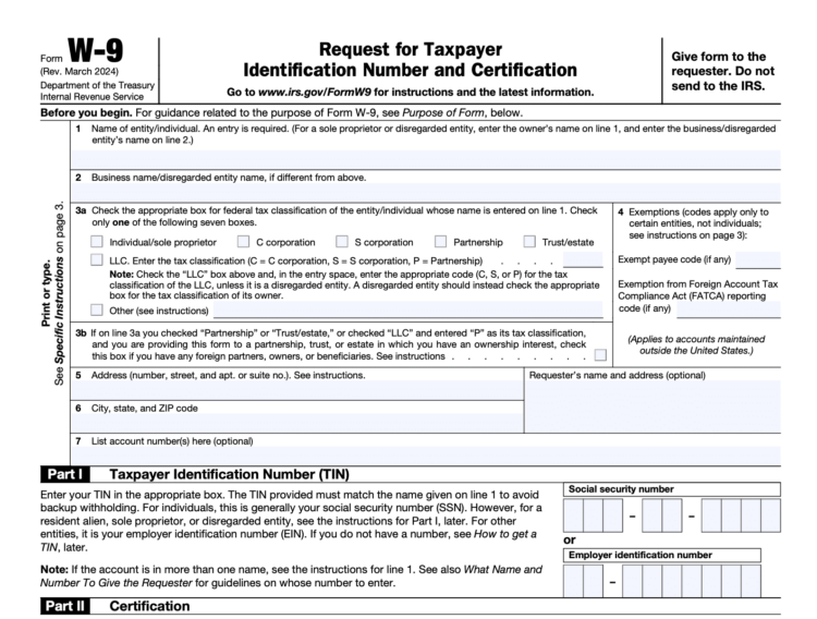 A blank IRS Form W-9 used for requesting a taxpayer identification number and certification.