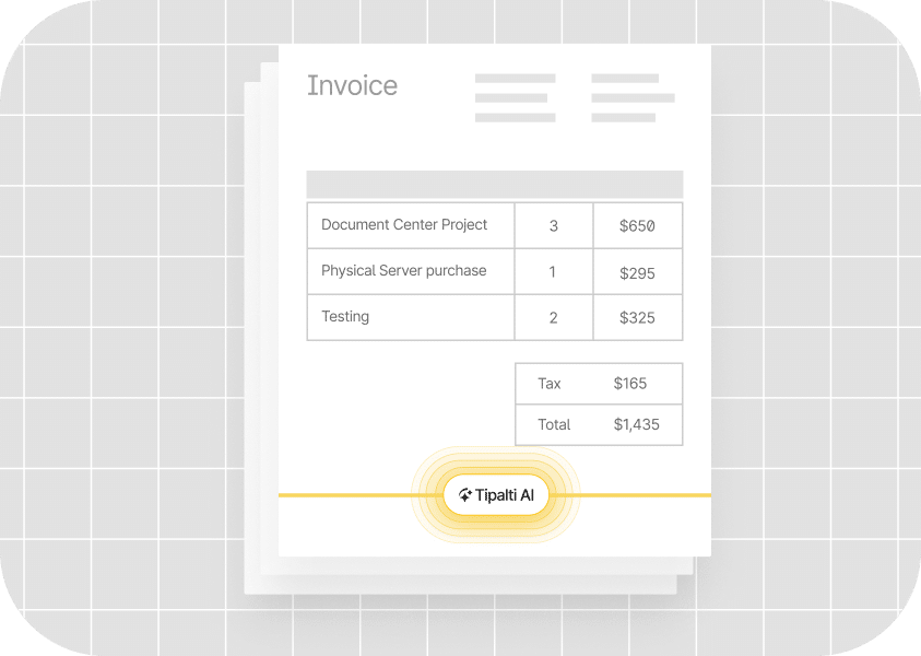 An invoice lists a document center project, physical server purchase, and testing, with fees and quantities. Tax is 5, making the total ,435. A Tipalti AI logo is visible below.