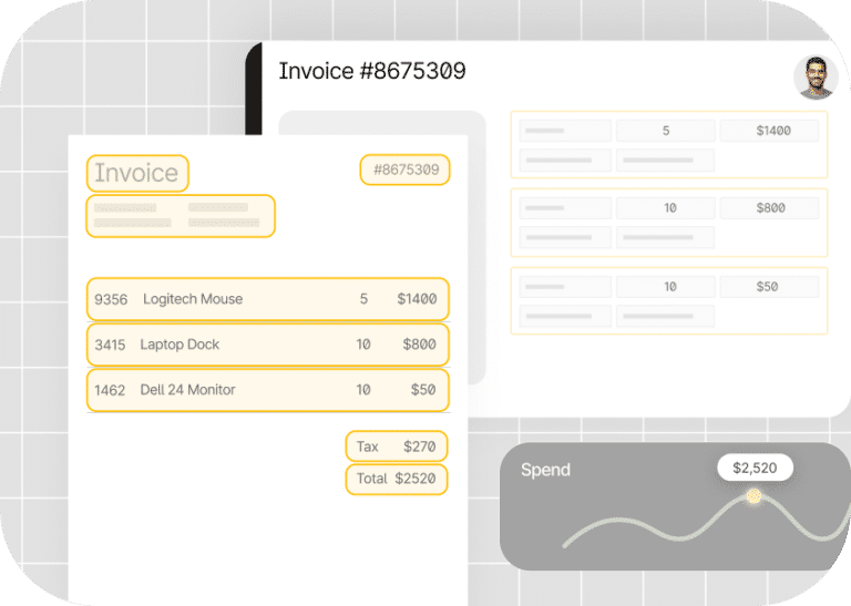 A digital invoice layout showing items like a Logitech Mouse, Laptop Dock, and Dell Monitor with quantities and prices. Total cost is 20, including 0 tax. A graph with a 20 expense is below.