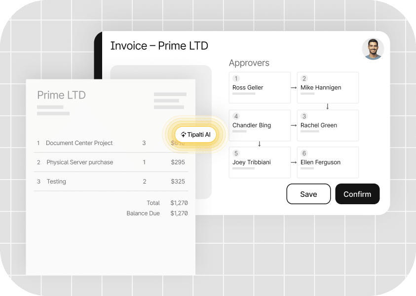 Digital invoice approval workflow showing an invoice from Prime LTD and a list of approvers. A yellow highlight indicates an AI feature. Total amount due is ,270.