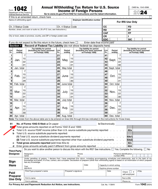 IRS Tax Form 1042 Screenshot.