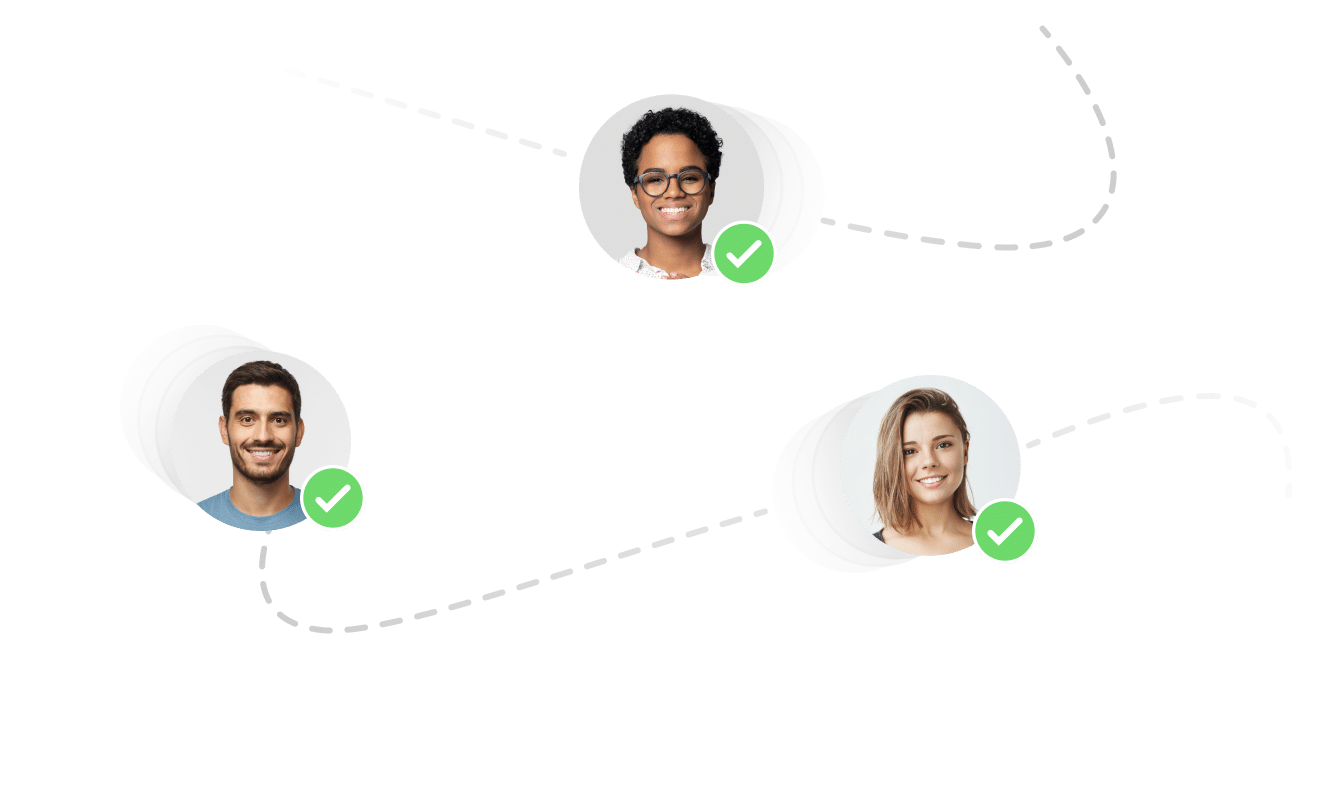 Three profile photos connected by dotted lines, each with a green checkmark, highlight the tbd-test-overlayhero-setup process.