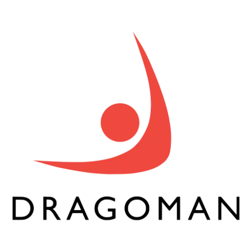 Abstract red figure with a circular head and curved body resembling a dancing person on a white background.