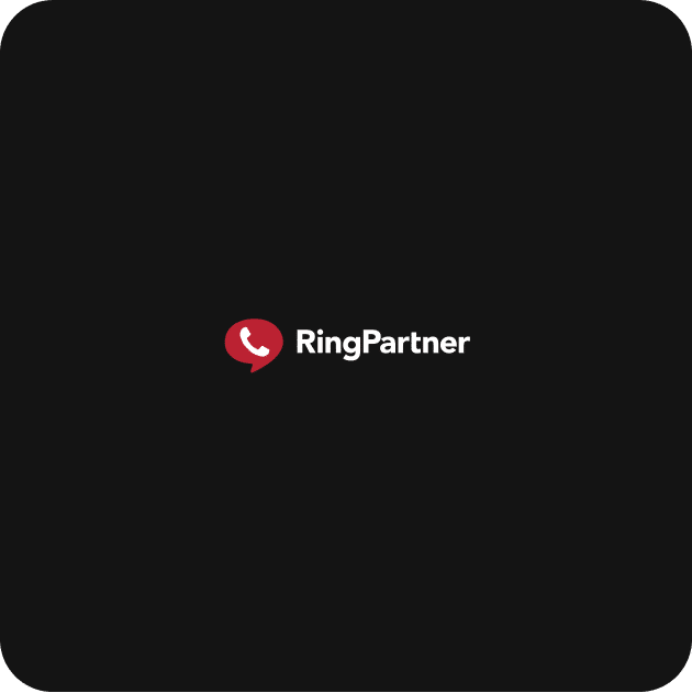 RingPartner logo with a red speech bubble containing a white phone icon, and the text "RingPartner" in white on a black background.