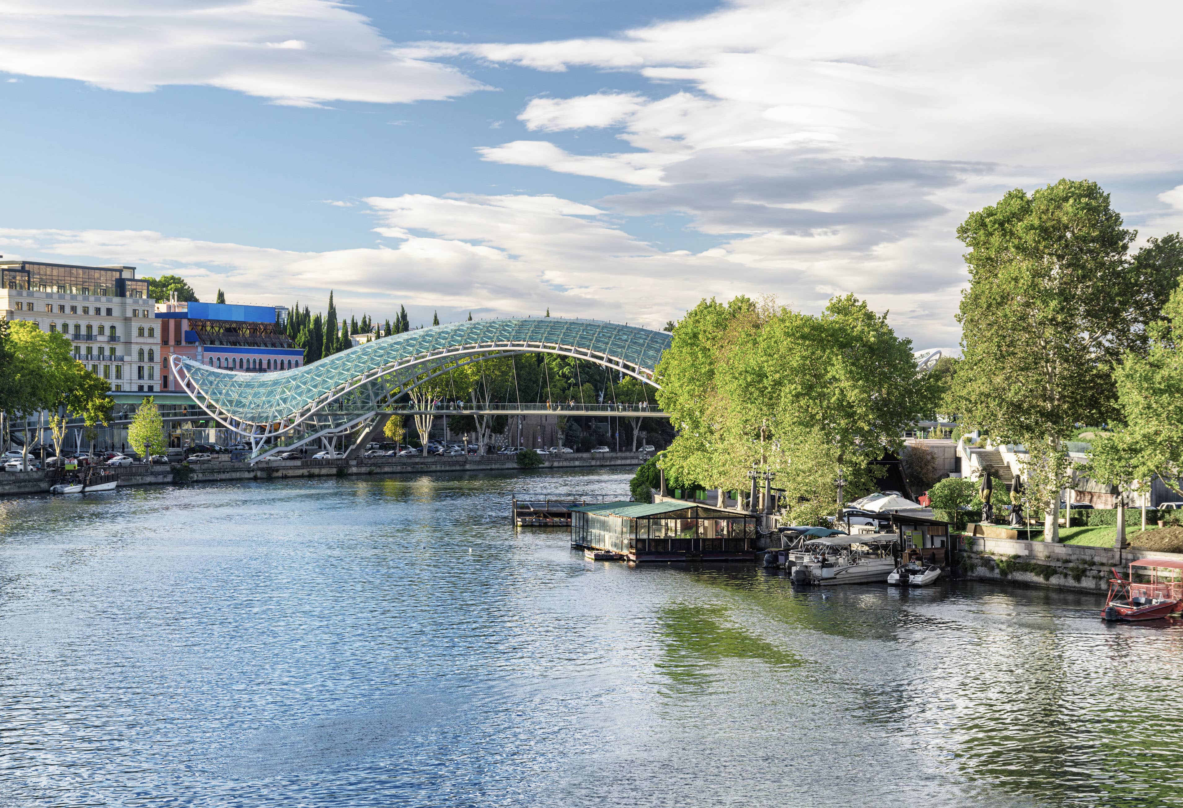 Modern arched pedestrian bridge over a river, surrounded by trees and buildings under a partly cloudy sky.