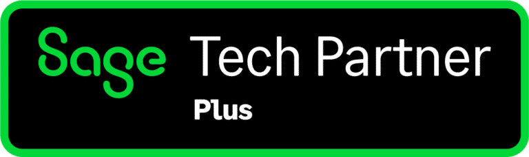 Sage Tech Partner Plus logo featuring green and white text on a black background exudes synergy, reflecting seamless integration.