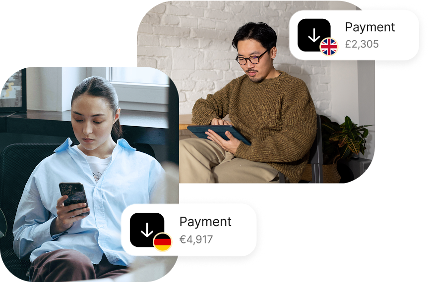 Amidst an experiment in digital transactions, a woman checks her phone while a man uses a tablet. Tipalti notifications flash: £2,305 with a UK flag and €4,917 with a German flag.